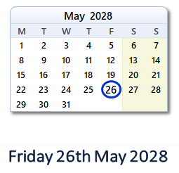 26 May 2028 calendar
