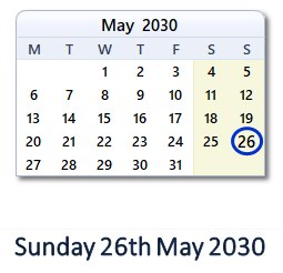 26 May 2030 calendar