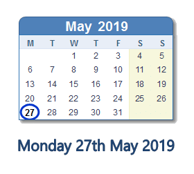 27 May 2019 calendar