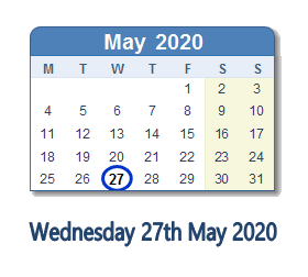 27 May 2020 calendar