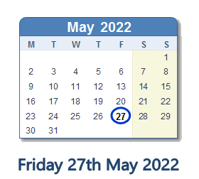 27 May 2022 calendar