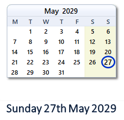 27 May 2029 calendar