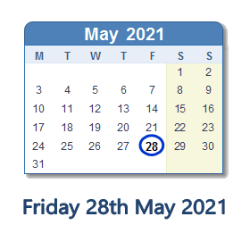 28 May 2021 calendar