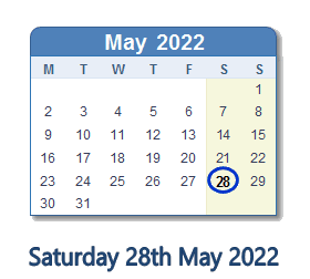 28 May 2022 calendar