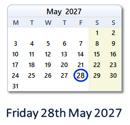 28 May 2027 calendar