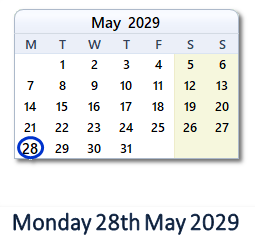 28 May 2029 calendar
