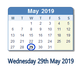 29 May 2019 calendar
