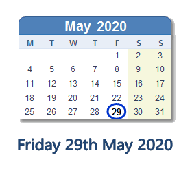 29 May 2020 calendar