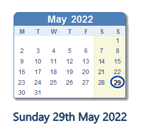 29 May 2022 calendar