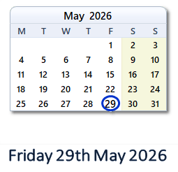 29 May 2026 calendar
