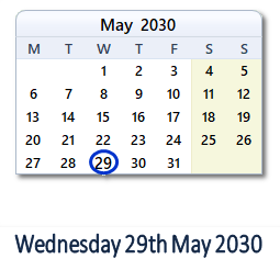 29 May 2030 calendar