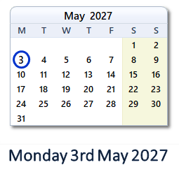 3 May 2027 calendar
