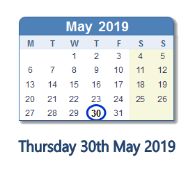 30 May 2019 calendar