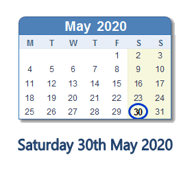 30 May 2020 calendar