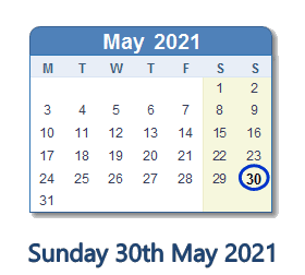 30 May 2021 calendar