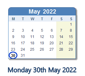 30 May 2022 calendar