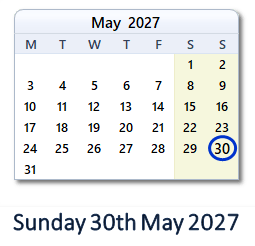 30 May 2027 calendar