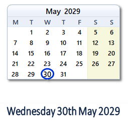 30 May 2029 calendar