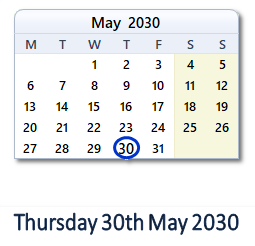 30 May 2030 calendar