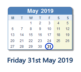 31 May 2019 calendar