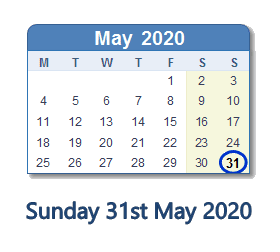31 May 2020 calendar