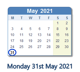 31 May 2021 calendar