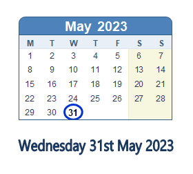31 May 2023 calendar