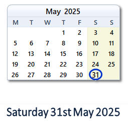 31 May 2025 calendar