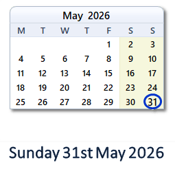 31 May 2026 calendar