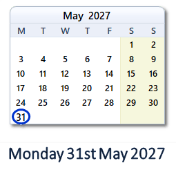 31 May 2027 calendar
