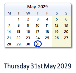 31 May 2029 calendar