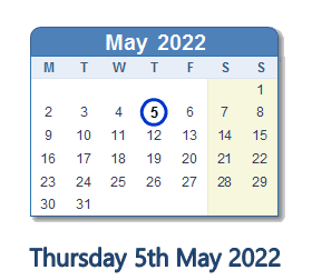 5 May 2022 calendar