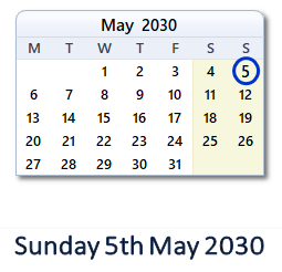 5 May 2030 calendar