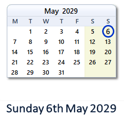 6 May 2029 calendar