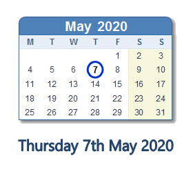 7 May 2020 calendar