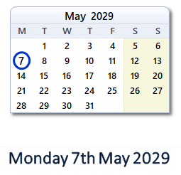 7 May 2029 calendar