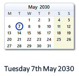 7 May 2030 calendar