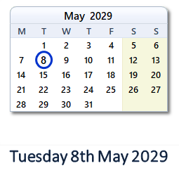 8 May 2029 calendar