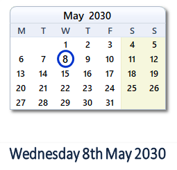 8 May 2030 calendar