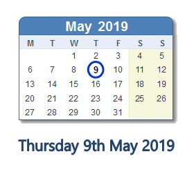 9 May 2019 calendar