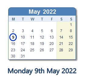 9 May 2022 calendar