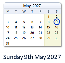 9 May 2027 calendar