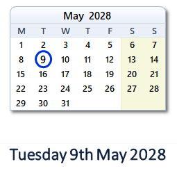 9 May 2028 calendar