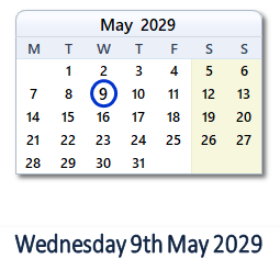 9 May 2029 calendar