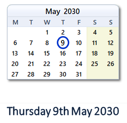 9 May 2030 calendar
