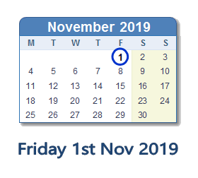 1 November 2019 calendar