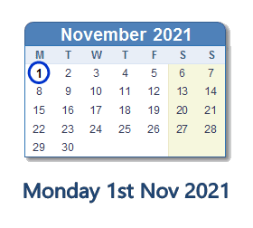 1 November 2021 calendar