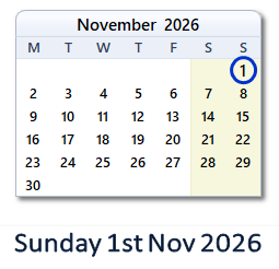 1 November 2026 calendar