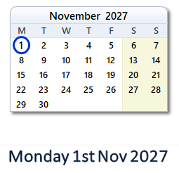 1 November 2027 calendar