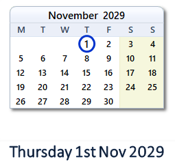 1 November 2029 calendar